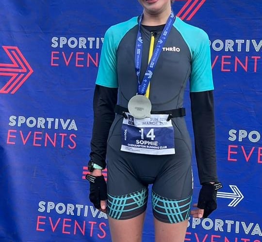 Sophie Casavieille-Lacaze on the podium at the Donut Duatholon,