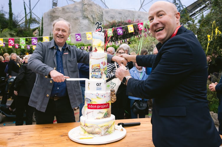 Eden Project co-founder Sir Tim Smit KBE and chief executive Andy Jasper cut a special 25th birthday celebration cake