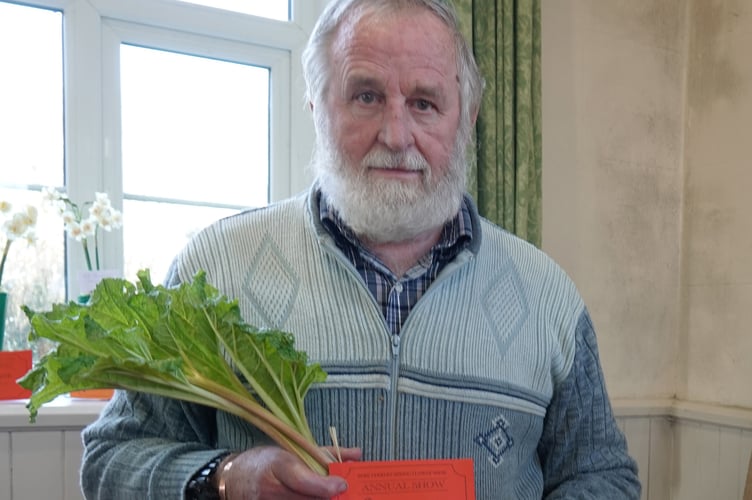 Bere Ferrers Spring Flower Show exhibitor Norman Gay with his forced rhubarb winning entry. Photo by Ann Parsons.