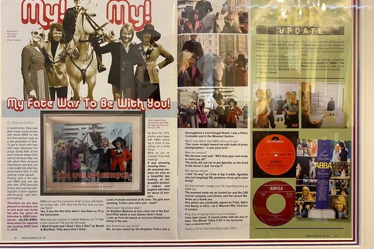 Tavistock resident Allen Lewis stars in an Abba fanzine after meeting the Swedish stars as a mounted police officer with Abba. The fanzine is framed and on Allen's wall.