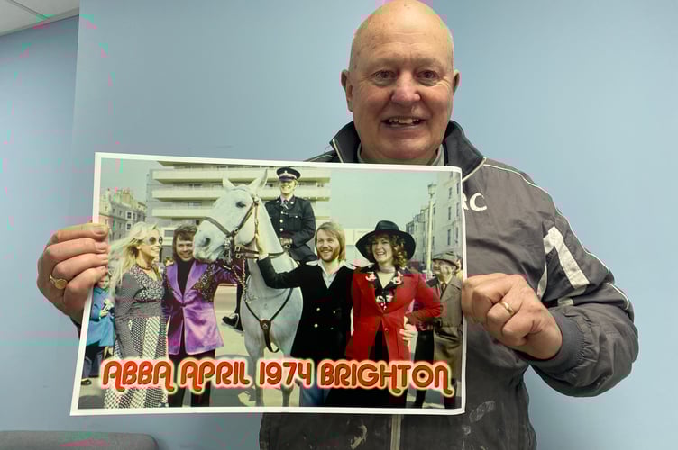 Tavistock resident Allen Lewis is pictured as a mounted police officer meeting Abba in Brighton. The chance encounter led to a life-time love of their music and a quest for autographs.