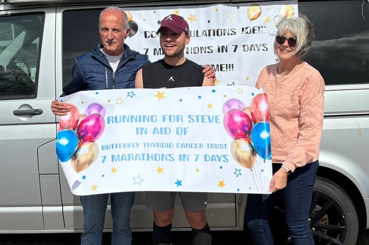 RunnerJoe Benjamin-Guest has finished a week of marathons in support of family friend Steve Hemmings. Pictured welcoming Joe after his final run are Steves sister and brother-in-law, Jackie and Len.