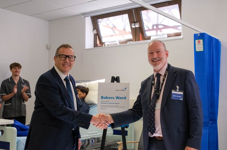 Adrian Harris of Royal Devon University Healthcare NHS Trust and John Laramy, Exeter College CEO, opening Bakers Ward