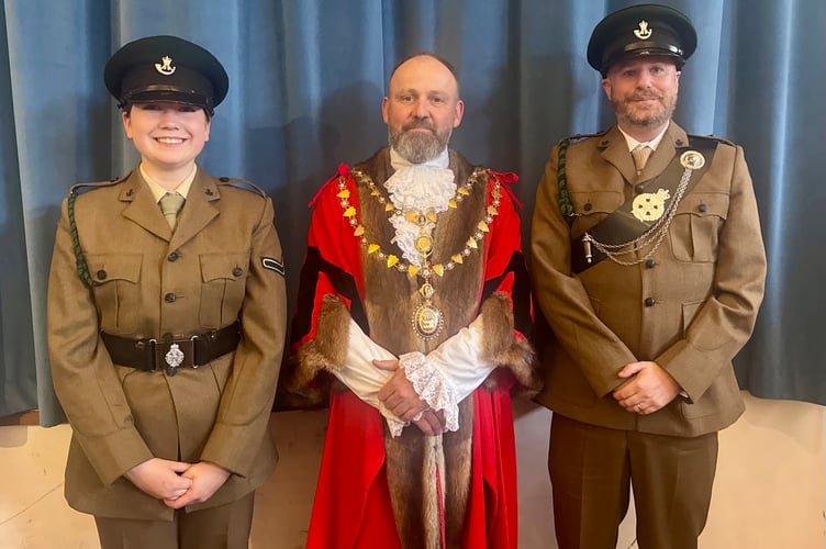 L-R: Mayor's Cadet Lance Corporal Paige Raines, Mayor of Okehampton Cllr Richard Colman and detachment commander Lieutenant Sam Caunter.