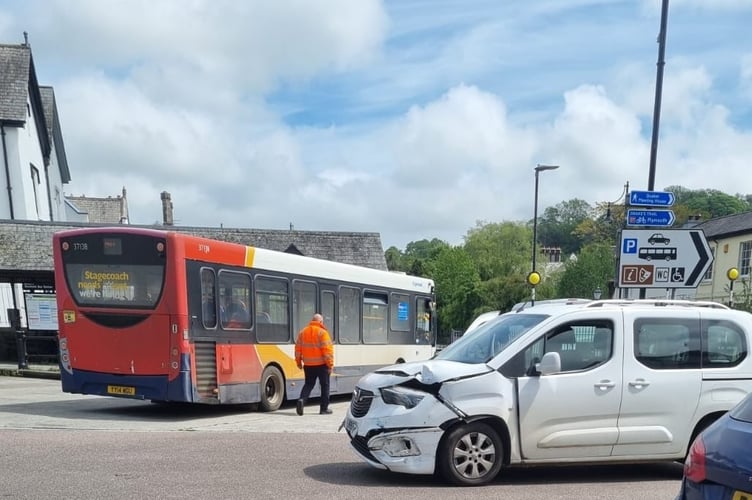 A damaged vehicle parked up at Tavistock Bus Station
