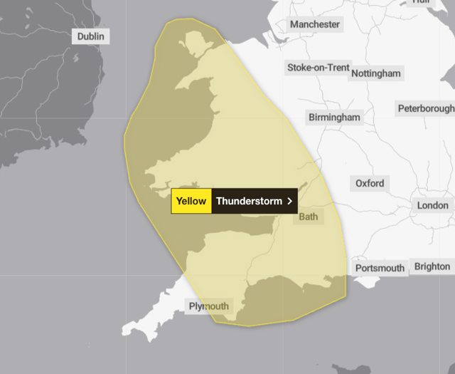 Met Office issues yellow thunderstorm warning for South West