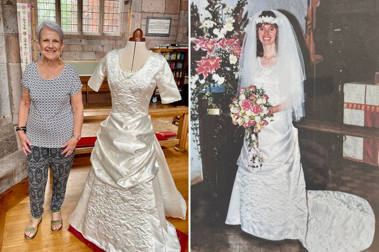Susan Enderson made this quilted satin wedding dress for her daughter-in-law in 1997. It took her six months to make
