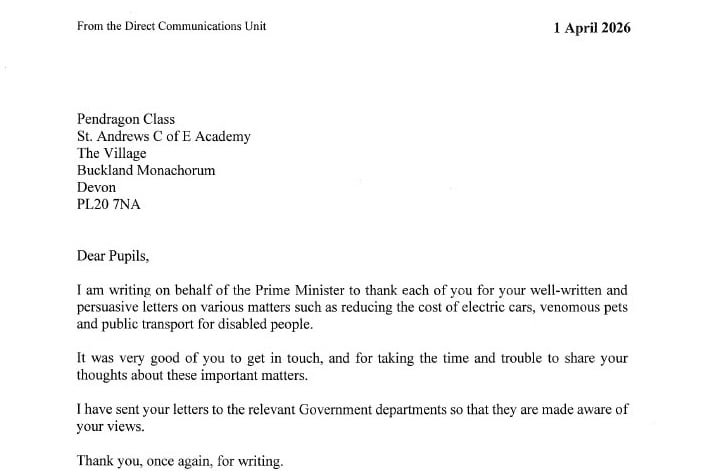 Pictured is Number Ten Downing Street's response to pupils in Pendragon Class in St Andrew's Acdemy, Buckland Monachorum, when they wrote to the Prime Minister on issues of concern.