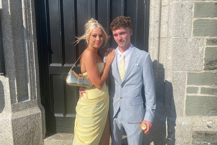 Students Esme Kilbane and boyfriend Flynn Creasy in their finest, celebrating the end of exams and school with hundreds of families and classmates in Tavistock's Bedford Square for Tavistock College pre-proms gathering.