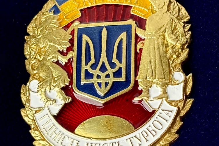 The specially struck medal which was awarded by the Ukraine military to Milton Combe-based Ukraine aid charity Nightingales UK.