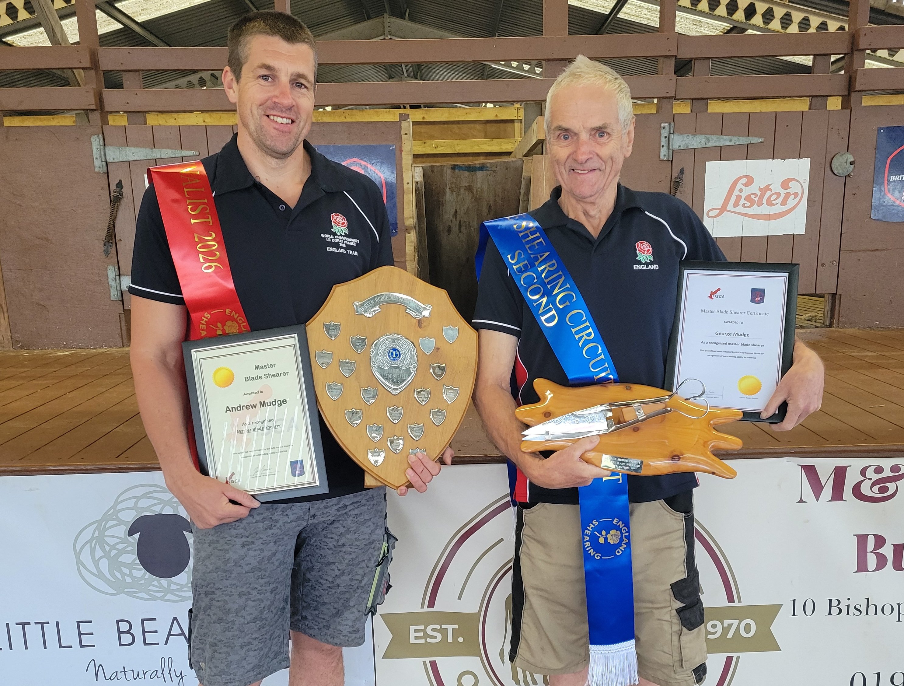 Now officially master sheep shearers, Son and father sheep shearers Andrew and George Mudge, of Tavistock, with their competition awards.