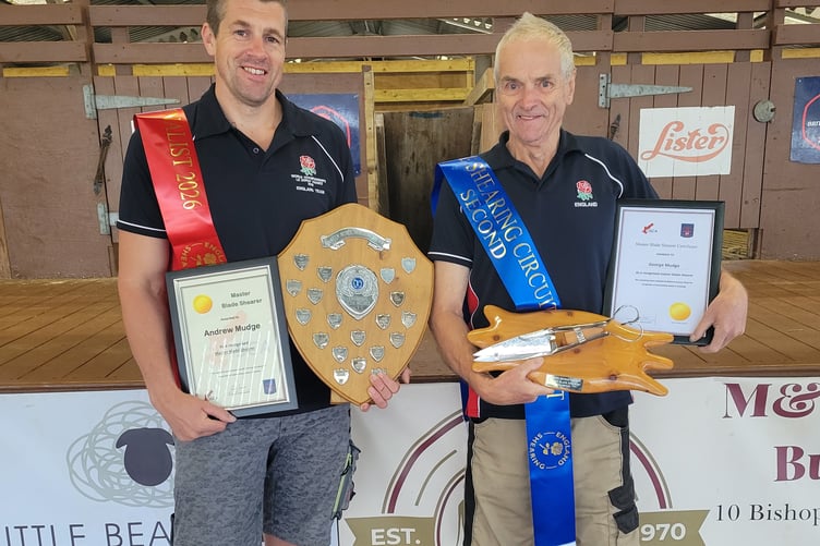 Now officially master sheep shearers, Son and father sheep shearers Andrew and George Mudge, of Tavistock, with their competition awards.