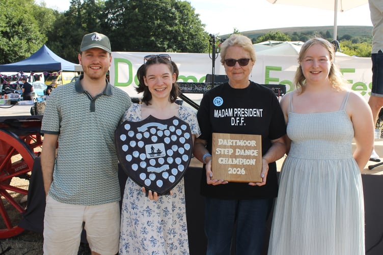 Alice Knight, second left, won the Adult Dartmoor Step Dance competition with Albert Hansell, second and third Elsa Frangleton, right, pictured with Festival President, Shirley Bazeley. AQ 1973