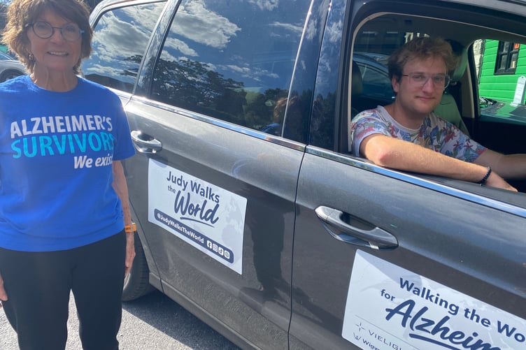 Dr Judy Benjamin stops off in Tavistock on her 650-mile trek from Land's End to London with her message of hope for those with Alzheimer's diagnoses.