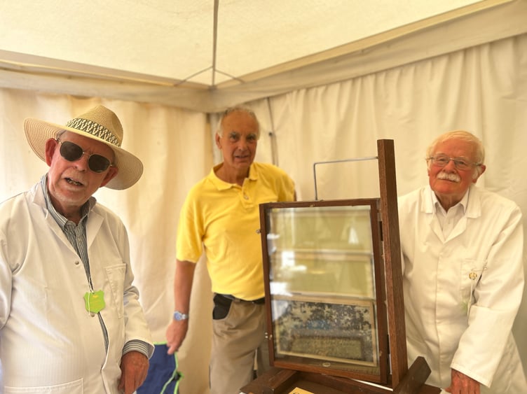 Okehampton Beekeepers' members David Wolley, Robert Blackmore and Will Pyne with a model hive at Okehampton Show.