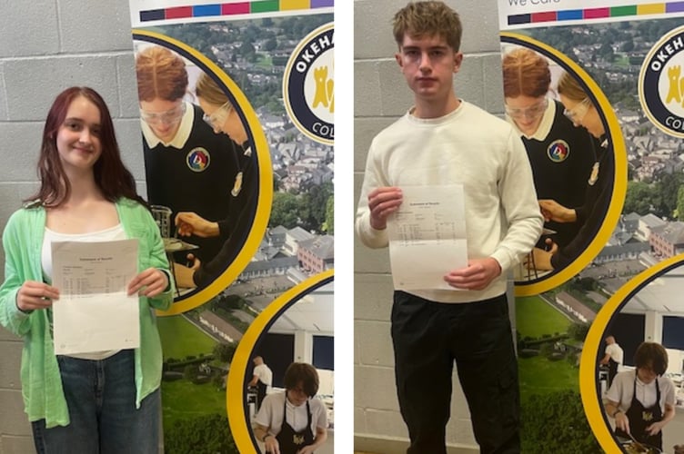 Evelyn Wood, left, and Matthew Camp collecting their GCSE results at Okehampton College