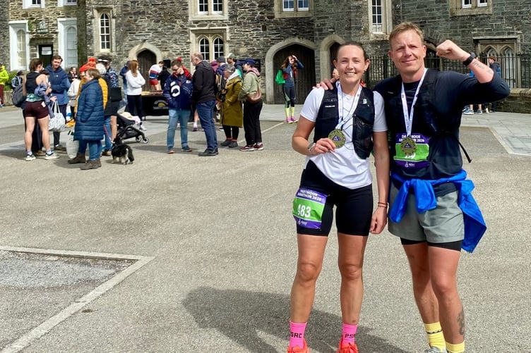 Paul Davies and Leesa Grainger are appealing for sponsorship when they run 100km in September in aid of the British Heart Foundation. They are pictured having finished the Dartmoor Marathon in Tavistock.