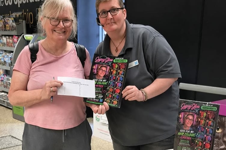 Jen Powers-Horn, who works in Tavistock's Brook Street Co-op branch, is asking customers to choose which colour to dye her hair for her Barnado's fund raising project.