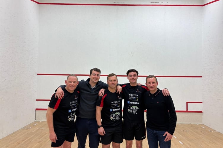 Winners all. Tavistock Squash Club's triumphant team which won the Plymouth Company's League title for the first time in the club's history: Steve Mooney, Tom Newberry, Will Westlake, Owen London and Steve Tripp.