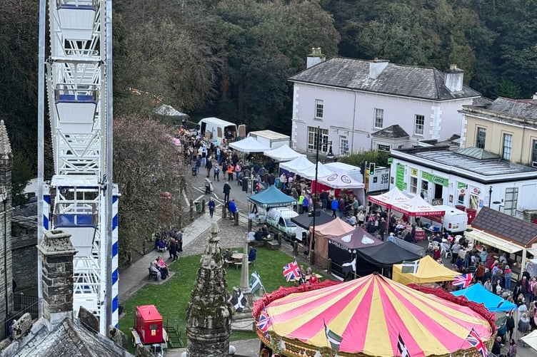 An aerial view of Tavistock Goose Fair funfair rides in Bedford Square.