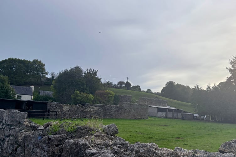 A view showing part of the remains of the old wool factory. Corner Cottage is the building on the left-hand side.