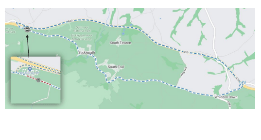 The diversion route is marked in blue. The roadworks are marked by a dotted red line.